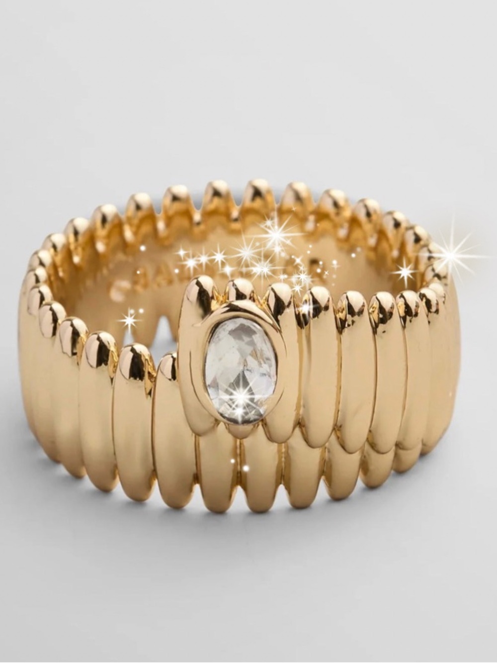 Gold Tone Ribbed Band Ring size 6 Clear Oval Swarovski Crystal NWT in box